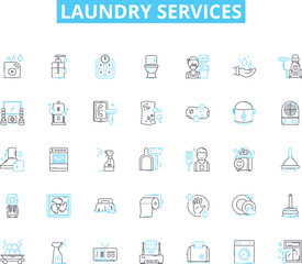 Laundry services linear icons set. Washing, Drying, Ironing, Folding, Stain-removal, Bleaching, Dry-cleaning line vector and concept signs. Pressing,Sorting,Soaking outline illustrations