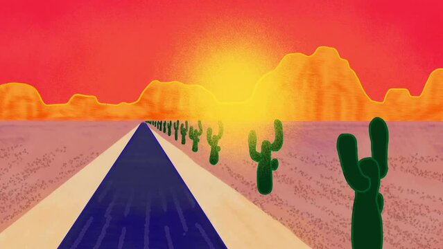 Hand drawn animation pov desert road with cactus in the USA. First person view riding a car across desert in America. 2d Cartoon sunset. Cartoony animated hand drawn highway. Film grain pixel texture.