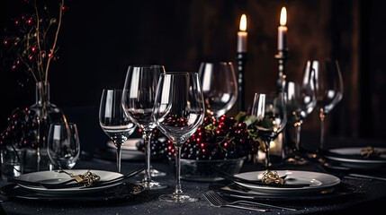 a beautiful table with wine glasses. celebration concept. Generative AI