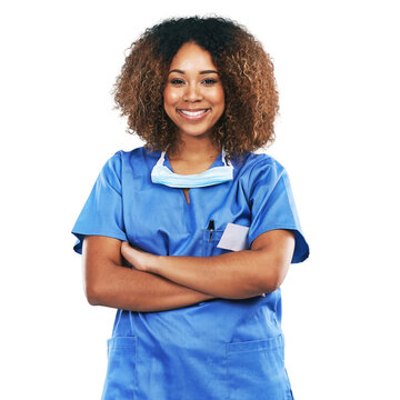 Isolated female doctor, portrait and arms crossed with smile, pride and happy by transparent png background. Medic woman, african nurse and excited face for healthcare, wellness and job at hospital