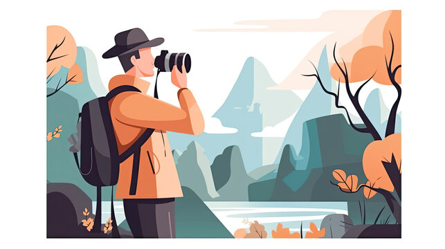 illustration of a nature photographer taking photos in the mountains. Generative AI