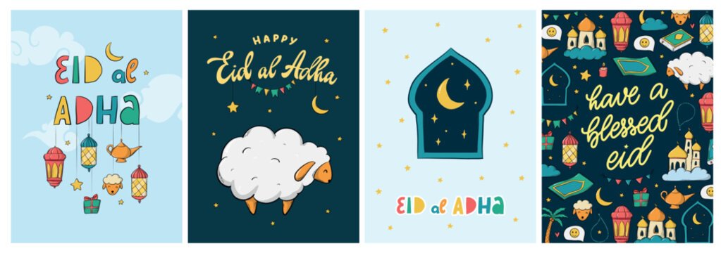 set of 4 Islamic greeting cards, posters, prints, banners for eid al adha deocrated with lettering quotes and doodles. EPS 10