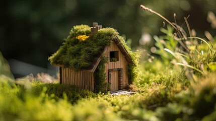 Fototapeta na wymiar small house on green moss, symbolize for ECO. Generative AI