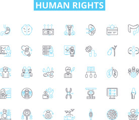Human rights linear icons set. Equality, Dignity, Justice, Liberty, Freedom, Discrimination, Empowerment line vector and concept signs. Respect,Responsibility,Accountability outline illustrations