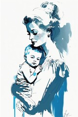 A blue watercolor of a young mother with a baby