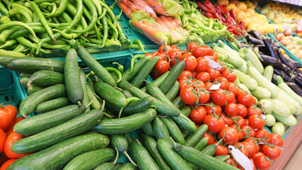 Fruits and vegetables on market stall for sale.