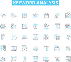 Keyword analysis linear icons set. Metrics, Research, Strategy, Rank, Competition, Optimization, Algorithm line vector and concept signs. Keywords,Traffic,Targeting outline illustrations