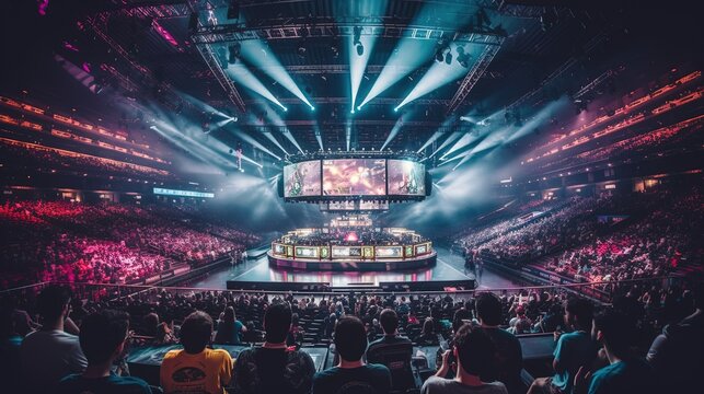 E-sports arena, filled with cheering fans and colorful LED lights. Players compete on a large stage in front of a massive screen displaying the game. Generative AI