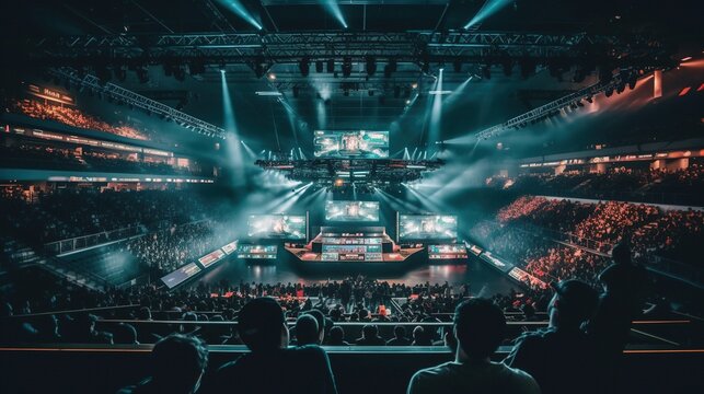 E-sports arena, esports tournament. Big illuminated main stage of a computer games tournament located on a big stadium. Screens displaying the game. Generative AI