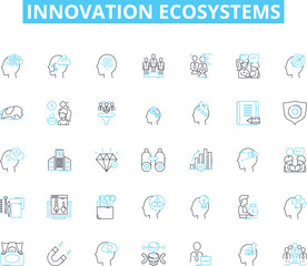 Innovation ecosystems linear icons set. Collaboration, Technology, Creativity, Entrepreneurship, Diversity, Incubators, Accelerators line vector and concept signs. Startups,Investment,Research outline