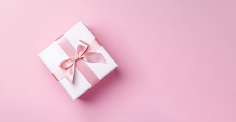 White Gift Box With Pink Ribbon on Pink Background, Top View With Copy Space: AI Generated Image