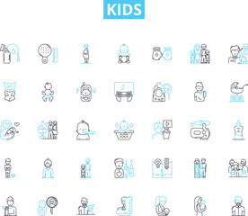 Kids linear icons set. Innocence, Playful, Adventure, Imagination, Curiosity, Joy, Laughter line vector and concept signs. Energy,Exploration,Creativity outline illustrations