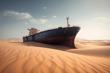 Ship oil tanker in the middle of the desert. Generative AI