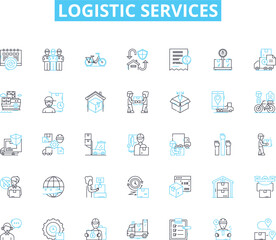 Naklejka na ściany i meble Logistic services linear icons set. Warehousing, Transportation, Supply Chain, Distribution, Logistics, Freight, Inventory line vector and concept signs. Shipping,Consolidation,Route outline