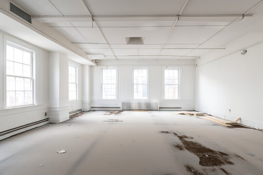 AI-generated image of a spacious empty room in a building with large windows after renovation