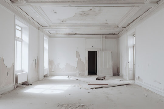Generative AI illustration of empty spacious room with white shabby walls and ceiling against windows during renovation