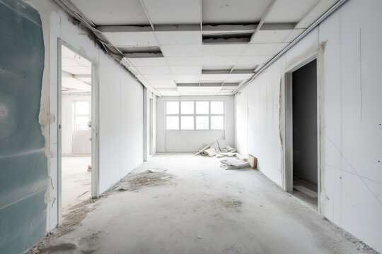 Generative AI illustration of an empty, spacious room with white walls, degraded ceiling against window during a renovation