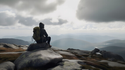 Hiker on peak of mountain enjoying view of the landscape, generative AI