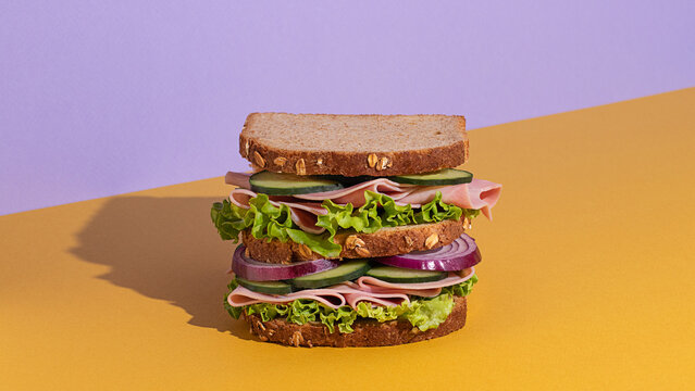 Delicious sandwich with tomatoes, cheese slices and fresh vegetables