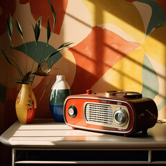 Vintage decor, retro interior,  radio and furniture. Mix of styles from 50s, 60s and 70s. Color ambient, walpaper decor. Modern vintage, neo vintage. Generative AI. 