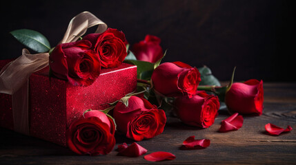 red roses and gift box created with Generative AI technology