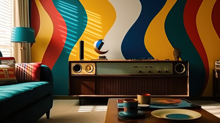 Vintage decor, retro interior,  radio and furniture. Mix of styles from 50s, 60s and 70s. Color ambient, walpaper decor. Modern vintage, neo vintage. Generative AI. 