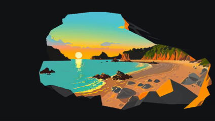 Sunset on the beach. Vector illustration in a flat style.