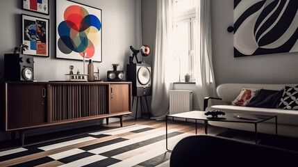 Vintage decor, retro interior,  radio and furniture. Mix of styles from 50s, 60s and 70s. Color ambient, walpaper decor. Modern vintage, neo vintage. Generative AI. 