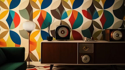 Vintage decor, retro interior,  radio and furniture. Mix of styles from 50s, 60s and 70s. Color ambient, walpaper decor. Modern vintage, neo vintage. Generative AI. 