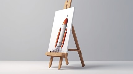 Easel with canvas, painted rocket, white background, digital illustration. Generative AI