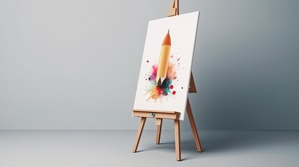 Easel with canvas, painted rocket, white background, digital illustration. Generative AI