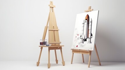 Easel with canvas, painted rocket, white background, digital illustration. Generative AI