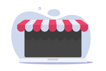Shop online ecommerce store on laptop icon vector blank screen graphic illustration, web internet digital virtual commerce on computer pc with awning clipart image showcase storefront