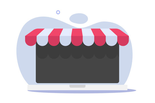 recommend clip art: Shop online ecommerce store on laptop icon vector blank screen graphic illustration, web internet digital virtual commerce on computer pc with awning clipart image showcase storefront