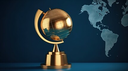 Trophy illustration with world map, competitiveness and victory concept, blue background. Generative AI