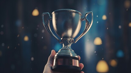 Illustration of hand holding trophy, competitiveness and victory concept, bokeh background. Generative AI