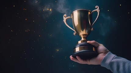 Illustration of hand holding trophy, competitiveness and victory concept, blue background. Generative AI