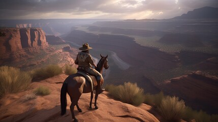Cowboy on horseback, landscape with canyons, wild west concept. Generative AI