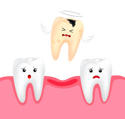 Funny cute cartoon missing tooth. Dental care concept. Illustration.