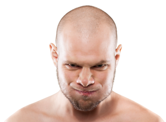 Bald scary angry man looking at the camera