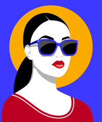 1384_Vector portrait of beautiful woman with long black ponytail wearing fashionable sunglasses and red T-shirt