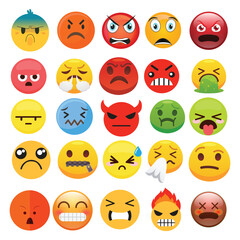 Emoji angry vector set. Emojis sad and serious yellow faces isolated in white background.moticon faces with angry red, surprise, cute, crazy and funny facial expressions design.Vector emoji.