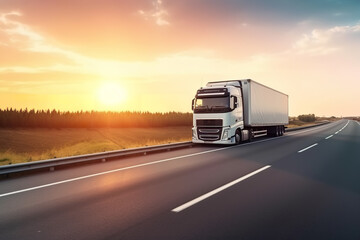 Obraz na płótnie Canvas European style truck on freeway pulling load. Transportation theme. Road cars theme. Golden hour