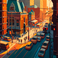 An oil painting of a busy city street, with a mix of people, buildings, and vehicles that create a sense of chaos and activity. Generated with AI Technology