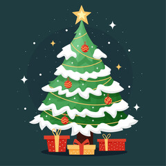 Christmas tree, with gifts and decorations, with a star, Merry Christmas, vector illustration