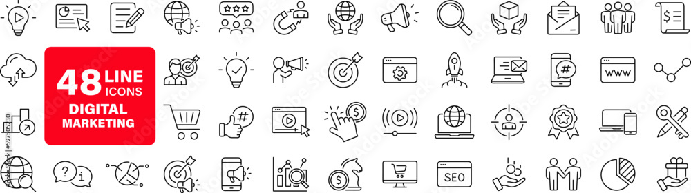 Leinwandbilder Digital marketing set of web icons in line style. Marketing icons for web and mobile app. Communication, advertising, ecommerce, seo, content, product, target audience, website, social media and more