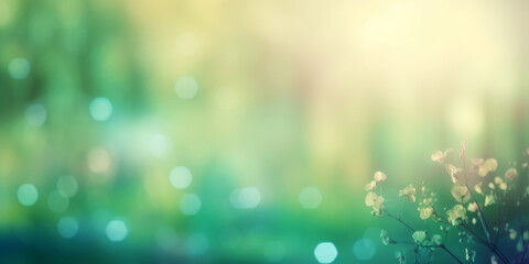Obraz premium Sunny abstract green nature background, green blurred bokeh lights, abstract banner. Generative AI