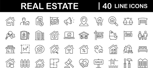 Real Estate set of web icons in line style. Realty icons for web and mobile app. Purchase and sale of housing, property, rental premises, insurance, realty, home loan, mortgage and more