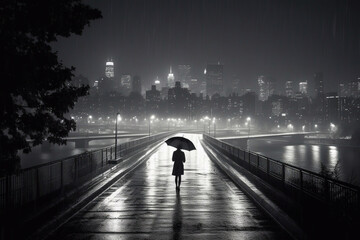 Black and White Woman with Umbrella in the City at Night During the Rain, Generative AI - 597505264