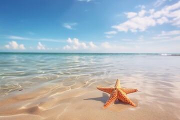 Fototapeta na wymiar Tropical beach with sea star on sand, summer holiday background. Travel and beach vacation. Generative AI